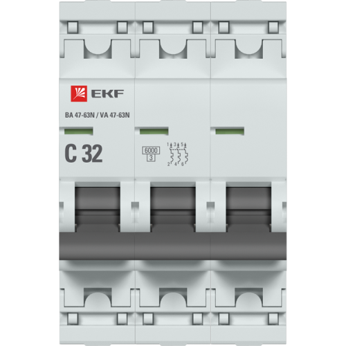 Выключатель автоматический 3п C 32А 6кА ВА 47-63N EKF PROxima EKF M636332C фото 2